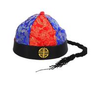Adults Black, Blue, Red & Gold Traditional Chinese Mandarin Emperor Style Hat With Black Braid Fancy Dress Cosplay Role Play Accessory
