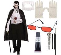 Adults Black Cape Dracula Glasses Silver Cane Teeth Fake Blood Gloves Halloween Vampire Set