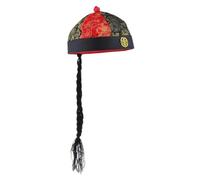 Adults Black, Red & Gold Traditional Chinese Mandarin Emperor Style Hat With Black Braid Fancy Dress Cosplay Role Play Accessory
