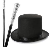 Adults Black Top Hat & Silver Cane Set - Fancy Dress Accessories for Halloween, Gothic, Victorian, Ringmaster or 1920s Costumes