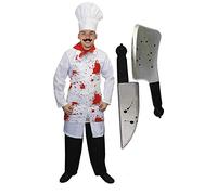 ADULTS BLOODY CHEF FANCY DRESS COSTUME INCLUDING FAKE MOUSTACHE AND CLEAVER - CHEF COSTUME WITH WHITE JACKET, CHEF HAT, MOUSTACHE, CLEAVER AND BLOODY APRON - SIZE: STANDARD