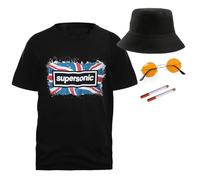Adults Britpop Costume - Black T-Shirt with Union Jack Supersonic Print, Black Bucket Hat, Orange Round Sunglasses, 2 Fake Cigarettes - Mens Ladies 90s Rock Band Music Icons Fancy Dress