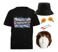 Adults Britpop Costume - Large - Black T-Shirt with Supersonic Print, Brown Wig, Black Bucket Hat, Orange Round Sunglasses, 2 Fake Cigarettes - Mens Ladies 90s Rock Band Music Icons Fancy Dress