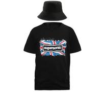 Adults Britpop Costume - Small - Black T-Shirt with Union Jack Supersonic Print, and Black Bucket Hat - Mens Ladies 90s Rock Band Music Icons Festivals Fancy Dress