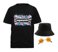 Adults Britpop Costume - X-Large - Black T-Shirt with Union Jack Supersonic Print, Black Bucket Hat, Orange Round Sunglasses - Mens Ladies 90s Rock Band Music Icons Fancy Dress