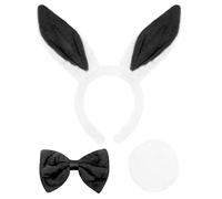 Adults Bunny Set - Pack of 48 - White Rabbit Ears + Black Bowtie + Rabbit Tail - Plush Bunny Wonderland Easter Fancy Dress Costume Accessory Set