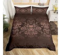 Adults Burnt Sienna Damask Bedding Set Antique Victorian Baroque Duvet Cover Double,Gothic Vintage Floral Comforter Cover Exotic Sugar Skull Quilt Cover,Gothic Bone Skeleton Bohemian Decor,Taupe