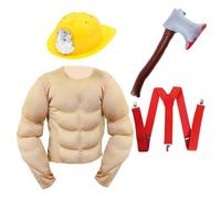 Adults Calendar Fireman Costume - Beige Muscle Chest Shirt, Yellow Fireman Helmet, Red Brace, Inflatable Axe - Adults Fun Novelty Stag Night Fancy Dress Costume