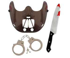 Adults Cannibal Doctor Accessory Set - Metal Handcuffs, Brown Restraint Mask and Fake Prop Knife - Perfect Accessory Set for Halloween Fancy Dress