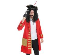Adults Captain Hook Costume - Red and Gold Pirate Coat, Long Black Wig, Fake Tash, Black Pirate Hat and Plastic Hook Hand - Adults TV/Film World Book Day Fancy Dress Costume