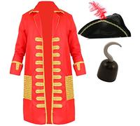 Adults Captain Hook Costume - X-Large - Red and Gold Pirate Coat, Black Pirate Hat with Feather and Plastic Hook Hand - Adults TV/Film World Book Day Fancy Dress Costume