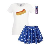 Adults Captain Spaulding 1000 Corpses Hot Dog T-Shirt & 15" Length Blue Polka Dot Skirt Halloween Horror Movie Fancy Dress [XXL T-Shirt, L-XL Skirt]