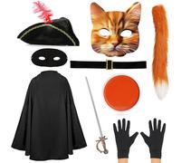 Adults Cat Bandit Costume - Black Cape, Tricorn Hat, Cat Mask, Eye Mask, Fake Sword, Cat's Tail, Black Gloves, Belt, Orange & White Facepaint - Mens Womens TV Film Fancy Dress Costume