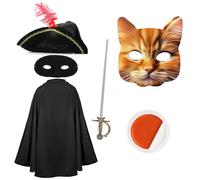 Adults Cat Bandit Costume - Black Cape, Tricorn Hat, Cat Mask, Eye Mask, Fake Sword, Orange & White Facepaint - Mens Ladies TV Film Fancy Dress Costume
