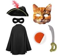 Adults Cat Bandit Costume - Black Cape, Tricorn Hat, Cat Mask, Eye Mask, Inflatable Sword, Orange & White Facepaint - Childs Mens Womens TV Film Fancy Dress Costume