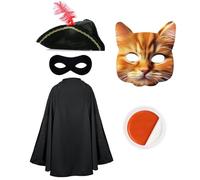 Adults Cat Bandit Costume - Black Cape, Tricorn Hat, Orange Cat Mask, Black Eye Mask, Orange & White Facepaint - Childs Mens Womens TV Film Fancy Dress Costume