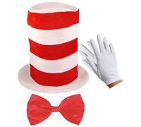 Adults Cat in the Hat Red White Tall Hat Bow Tie White Short Gloves World Book Day Character Dr Suess 3 Pcs Set