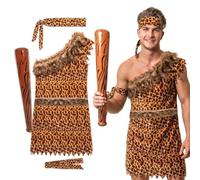 Adults Caveman Costume - Small - Deluxe Cave Man Leopard Print Tunic, Matching Headband & Armband, Inflatable Cavemen Club - Adults Cave Dweller Halloweeen Fancy Dress Costume