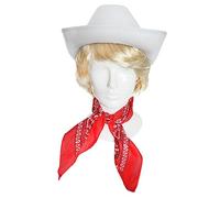 Adults Chocolate Cowboy Accessory Set - White Star-Studded Cowboy Hat, Blonde Wig and Red Paisley Bandana - Adults Stag Party Fancy Dress Costume Accessory Set