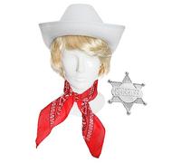 Adults Chocolate Cowboy Accessory Set - White Star-Studded Cowboy Hat, Blonde Wig, Red Paisley Bandana, Sheriff Badge - Adults Stag Party Fancy Dress Costume Accessory Set