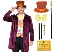 Adults Chocolate Factory Boss Costume, Golden Ticket & Cane Set Medium