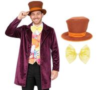 Adults Chocolate Factory Boss Costume - Purple Coat, Candy-Print Waistcoat, Brown Top Hat, Gold Bowtie - Mens World Book Day Fancy Dress Costume