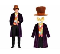 Adults Chocolate Factory Boss Costume, Purple Velvet Coat & Candy Waistcoat | deep purple coat, candy waistcoat, gold silk bow tie, oversized brown top hat, sizes XS-XL, Roald Dahl Day fancy dress