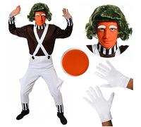 Adults Chocolate Factory Worker - Brown Top, White Trousers, Green Wig, Gloves, Eyebrows, Facepaint - Mens Teacher School Book Week World Book Day Fancy Dress Costume