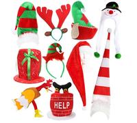 Adults Christmas 10pc Hat Set - Present Hat, Chimney Hat, Mini Elf Hat, Turkey Hat, Elf Hat with Ears, Red & White Striped Hat, Red & Green Striped Hat, Snowman Hat, Reindeer Antlers, Long Santa Hat