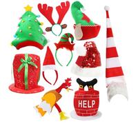 Adults Christmas 10pc Hat Set - Present Hat, Santa Chimney Hat, Sequin Santa Hat, Mini Elf & Santa Hats, Turkey Hat, Elf Hat with Ears, Christmas Tree Hat, Reindeer Antlers, Red & White Striped Hat
