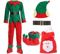 Adults Christmas 6 Piece Elf Costume - Large - Green Top, Red Trousers, Elves Hat, Black Belt, Elf Boots, and Christmas Sack - Perfect for Character Dress Up and Halloween