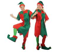 ADULTS CHRISTMAS ELF COSTUMES - RED & GREEN ELF TUNIC WITH ATTACHED JINGLE BELLS + ACCESSORIES - MENS & WOMENS CHEEKY ELF COUPLES FANCY DRESS (X-LARGE + XX-LARGE)