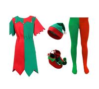 Adults Christmas Elf Fancy Dress Costume - Green And Red Long Tunic, Hat, Tights, Shoes - Santa'S Little Helper Cute Clown Costume Mens & Womens Cheeky Elf Fancy Dress costume.