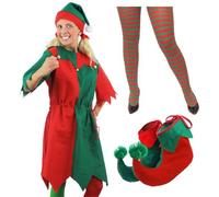 Adults Christmas Elf Tunic Costume - Medium - Green & Red Tunic, Matching Hat, Red & Green Striped Tights and Boot Covers with Pom Poms - Santa’s Helper Fancy Dress for Christmas