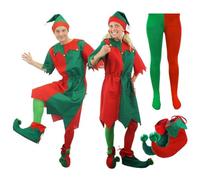 Adults Christmas Elf Tunic Costume - XXXXLarge - Green and Red Elf Tunic with Hat and Pom-Pom Boot Covers - Perfect Fancy Dress Outfit for Christmas Parties and Nativity Events