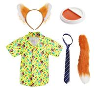 Adults City Fox Costume - Yellow Hawaiian Shirt, Blue & Beige Striped Tie, Fox Ears & Tail, Orange & White Facepaint - Mens TV Movie World Book Day Fancy Dress Costume