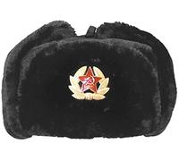 Adults Cossack Flaps Russian Ushanka Hat Winter Warm Faux Fur Cap Unisex Russian Trapper Hat with Soviet Badge Black One Size