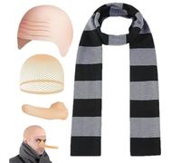 Adults Costume Accessories Set | Bald Head Net Party Headwear,Fake Nose Striped Scarf Dress up Bald Wig Hat Party Outfit Set, Supplies