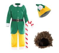 Adults Costume - X-Large - Green Tunic, Yellow Trousers, Green & Yellow Hat, Brown Curly Wig and Inflatable Candy Cane - Adults Christmas Movie Fancy Dress Costume