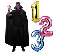 Adults Counting Vampire Accessory Set - Black Cape with Collar, Vampire Fangs, Purple Facepaint, Foil Number Balloons - Mens TV Film Halloween Fancy Dress Costume Accessory Set