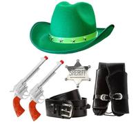 Adults Cowboy Accessories - Green Star Studded Cowboy Hat, Plastic Pistol Props, Black Holster with Buckle and Silver Sheriff Badge - Wild West Western Sheriff Bandit Fancy Dress Costume Accessory Set