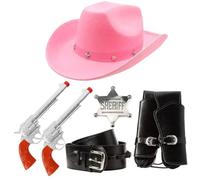 Adults Cowboy Accessories - Pink Star Studded Cowboy Hat, Plastic Pistol Props, Black Holster with Buckle and Silver Sheriff Badge - Wild West Western Sheriff Bandit Fancy Dress Costume Accessory Set