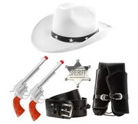 Adults Cowboy Accessories - White Star Studded Cowboy Hat, Plastic Pistol Props, Black Holster with Buckle and Silver Sheriff Badge - Wild West Western Sheriff Bandit Fancy Dress Costume Accessory Set