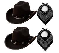 Adults Cowboy Accessory Set - Black Star-Studded Cowboy Hat and Black Paisley Bandana - Mens Womens Wild West Western Bandit Fancy Dress Costume Accessory Set