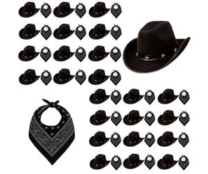 Adults Cowboy Accessory Set - Black Star-Studded Cowboy Hat and Black Paisley Bandana - Mens Womens Wild West Western Bandit Fancy Dress Costume Accessory Set