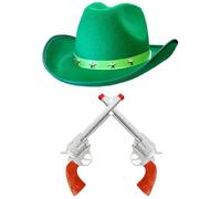 Adults Cowboy Accessory Set - Pack of 1 - Star Studded Green Cowboy Hat and Fake Plastic Pistol Props - Wild West Western Sheriff Bandit Fancy Dress Costume Accessory Set