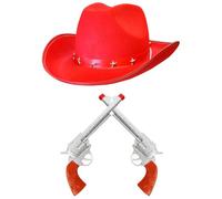Adults Cowboy Accessory Set - Pack of 1 - Star Studded Red Cowboy Hat and Fake Plastic Pistol Props - Wild West Western Sheriff Bandit Fancy Dress Costume Accessory Set