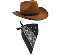 Adults Cowboy Accessory Set - Pack of 6 - Brown Star Studded Cowboy Hat and Black Paisley Bandana - Wild West Western Sheriff Fancy Dress Costume Accessory Set