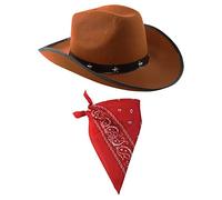 Adults Cowboy Accessory Set - Pack of 6 - Brown Star Studded Cowboy Hat and Red Paisley Bandana - Wild West Western Sheriff Fancy Dress Costume Accessory Set