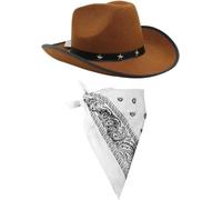 Adults Cowboy Accessory Set - Pack of 6 - Brown Star Studded Cowboy Hat and White Paisley Bandana - Wild West Western Sheriff Fancy Dress Costume Accessory Set